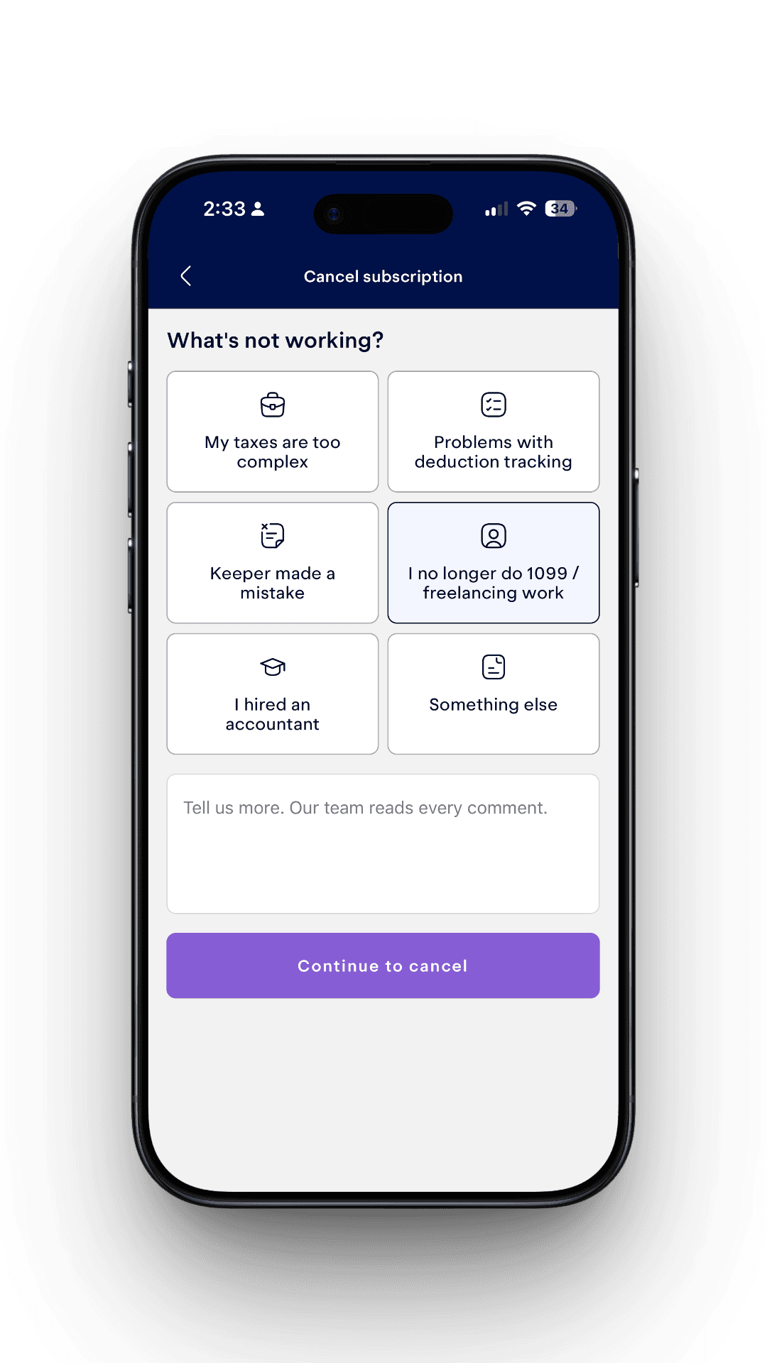 Cancellation survey screen