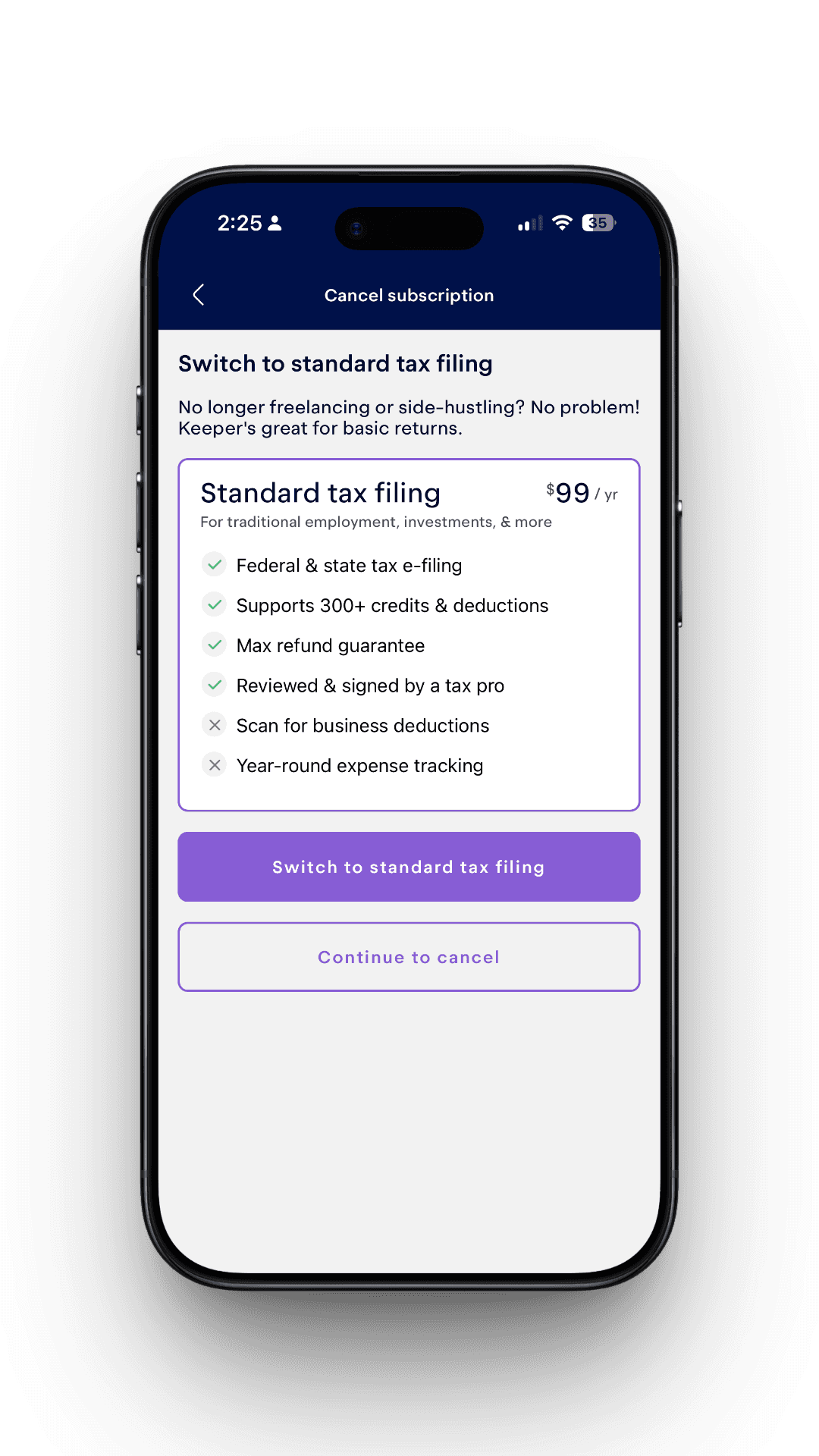 Switch to standard tax filing offer screen