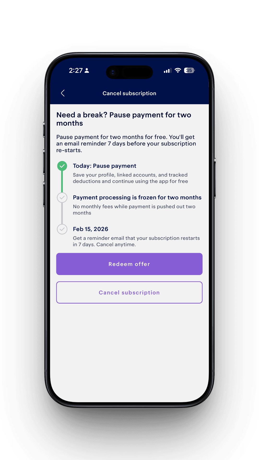 Payment pause offer timeline screen
